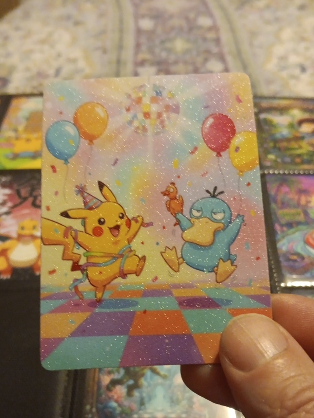 Pokemon Pikachu & Psyduck Glitter Card - Yellow, Blue, Red, Purple